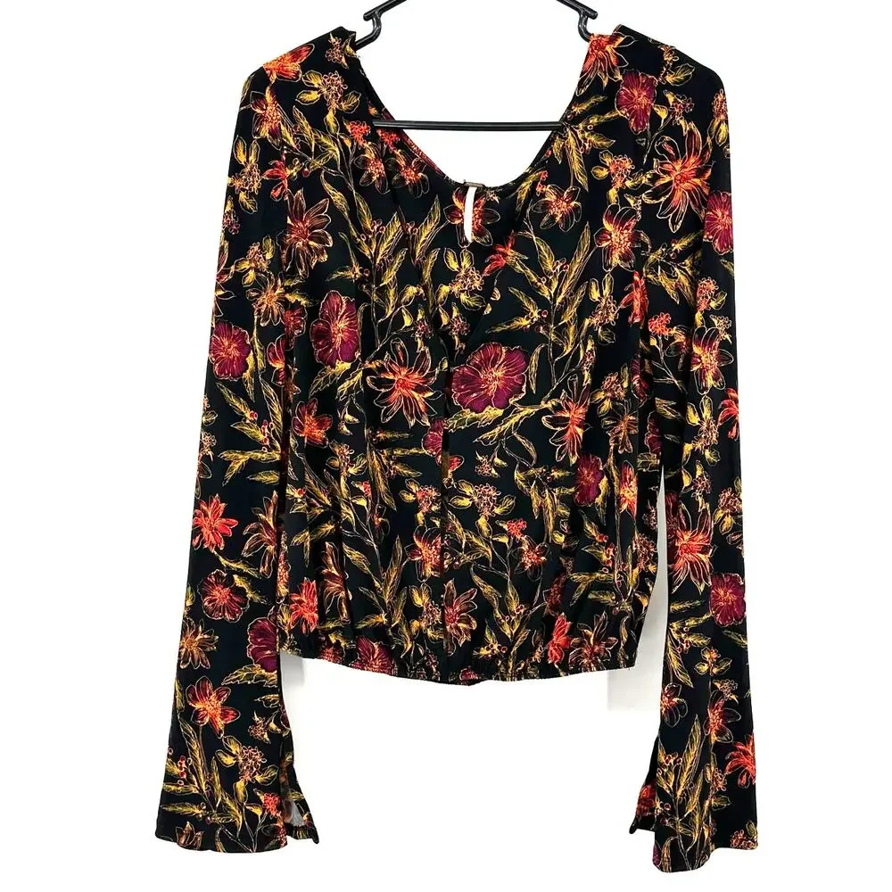 Free People Size M Scoop Neck Long Bell Sleeve Top Black and Yellow Floral Print